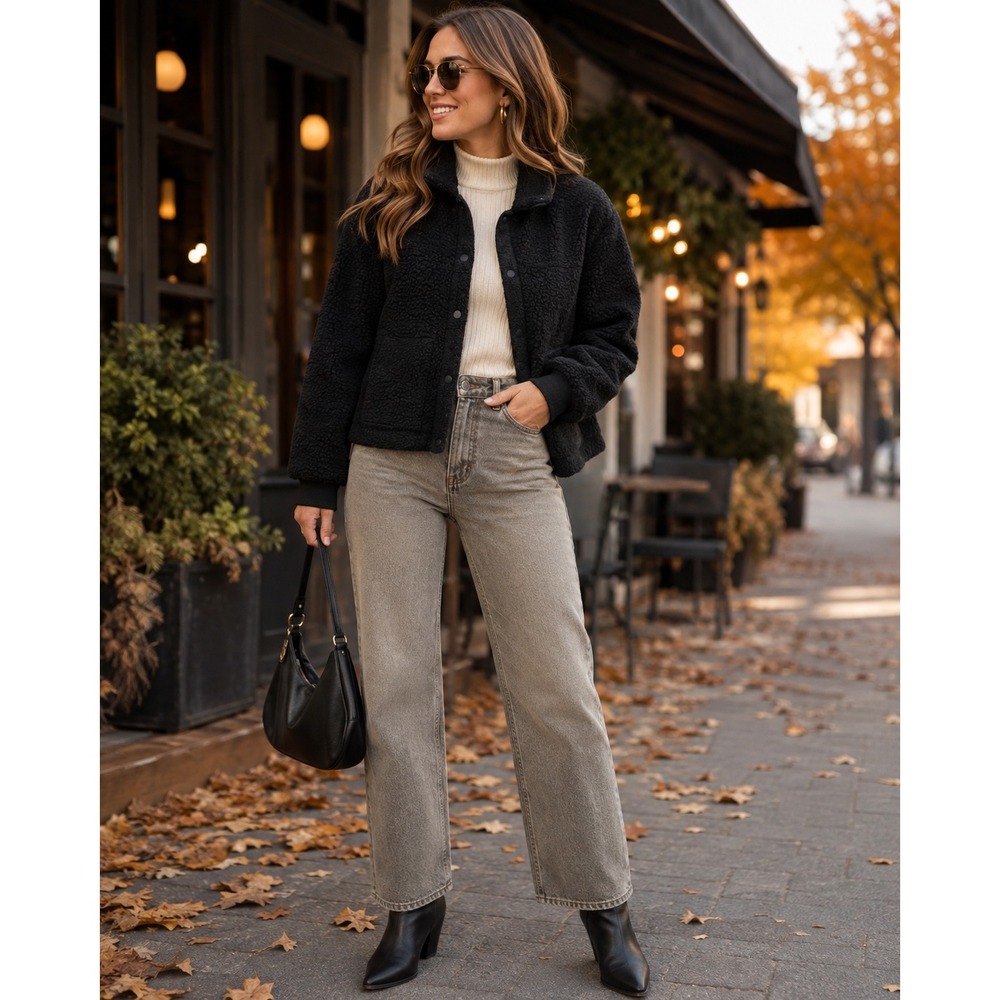 Outdoor Voices MegaFleece Wool Sherpa Jacket Women Black Gorpcore Snap Bomber